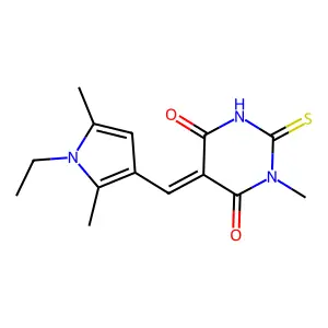 (5E)-5-[(1-ethyl-2,5-dimethyl-1H-pyrrol-3-yl)methylidene]-1-methyl-2-thioxodihydropyrimidine-4,6(1H,5H)-dione structure
