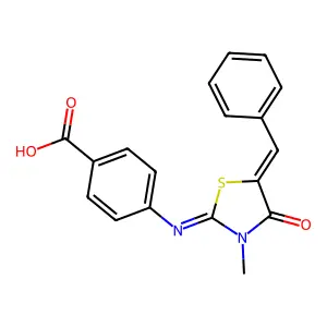4-{[(2E,5Z)-5-benzylidene-3-methyl-4-oxo-1,3-thiazolidin-2-ylidene]amino}benzoic acid structure