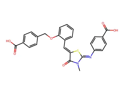 4-{[(2E,5Z)-5-{2-[(4-carboxybenzyl)oxy]benzylidene}-3-methyl-4-oxo-1,3-thiazolidin-2-ylidene]amino}benzoic acid structure