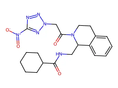 N-[[2-[2-(5-nitrotetrazol-2-yl)acetyl]-3,4-dihydro-1H-isoquinolin-1-yl]methyl]cyclohexanecarboxamide structure