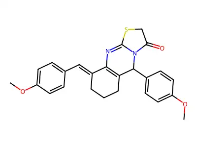 (9E)-5-(4-methoxyphenyl)-9-[(4-methoxyphenyl)methylidene]-5,6,7,8-tetrahydro-[1,3]thiazolo[2,3-b]quinazolin-3-one structure