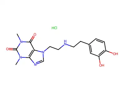 7-(2-(2-(3,4-Dihydroxyphenyl)ethylamino)ethyl)theophylline hydrochloride structure