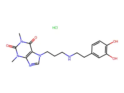7-(3-(2-(3,4-Dihydroxyphenyl)ethylamino)propyl)theophylline hydrochloride structure