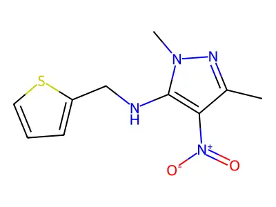 1,3-Dimethyl-4-nitro-N-(thiophen-2-ylmethyl)-1H-pyrazol-5-amine structure
