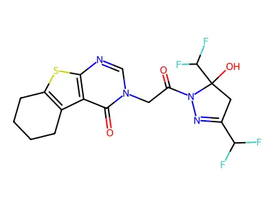 3-{2-[3,5-bis(difluoromethyl)-5-hydroxy-4,5-dihydro-1H-pyrazol-1-yl]-2-oxoethyl}-5,6,7,8-tetrahydro[1]benzothieno[2,3-d]pyrimidin-4(3H)-one structure