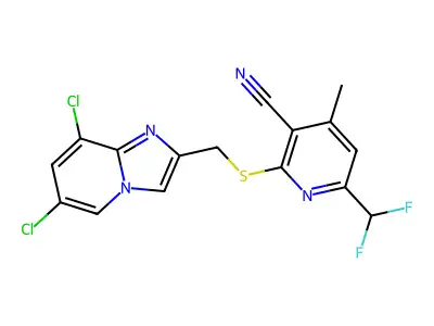 2-[(6,8-dichloroimidazo[1,2-a]pyridin-2-yl)methylsulfanyl]-6-(difluoromethyl)-4-methylpyridine-3-carbonitrile structure