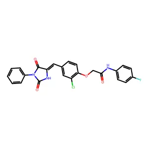 2-[2-chloro-4-[(E)-(2,5-dioxo-1-phenylimidazolidin-4-ylidene)methyl]phenoxy]-N-(4-fluorophenyl)acetamide structure