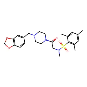 N-[2-[4-(1,3-benzodioxol-5-ylmethyl)piperazin-1-yl]-2-oxoethyl]-N,2,4,6-tetramethylbenzenesulfonamide structure