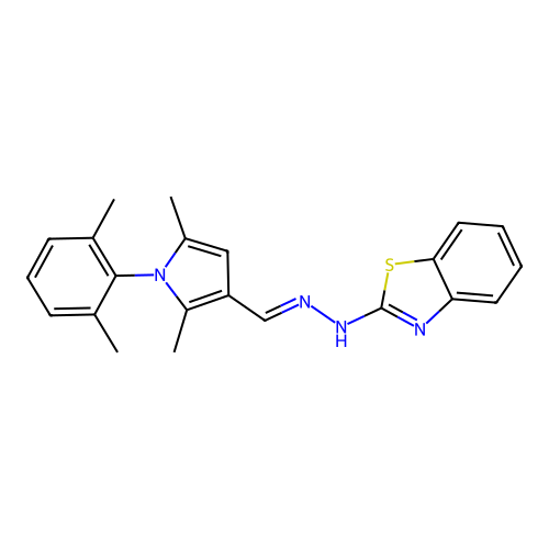 N-[[1-(2,6-dimethylphenyl)-2,5-dimethyl-pyrrol-3-yl]methylideneamino]benzothiazol-2-amine structure