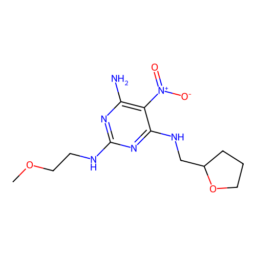 2-N-(2-methoxyethyl)-5-nitro-4-N-(oxolan-2-ylmethyl)pyrimidine-2,4,6-triamine structure