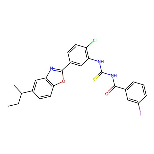 N-((5-(5-(sec-butyl)benzo[d]oxazol-2-yl)-2-chlorophenyl)carbamothioyl)-3-iodobenzamide structure