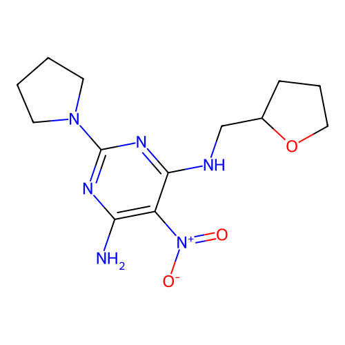 5-nitro-2-(pyrrolidin-1-yl)-N-(tetrahydrofuran-2-ylmethyl)pyrimidine-4,6-diamine structure