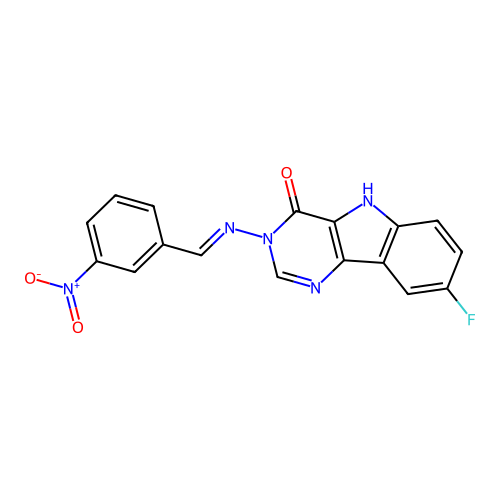 (E)-8-fluoro-3-((3-nitrobenzylidene)amino)-3H-pyrimido[5,4-b]indol-4(5H)-one structure