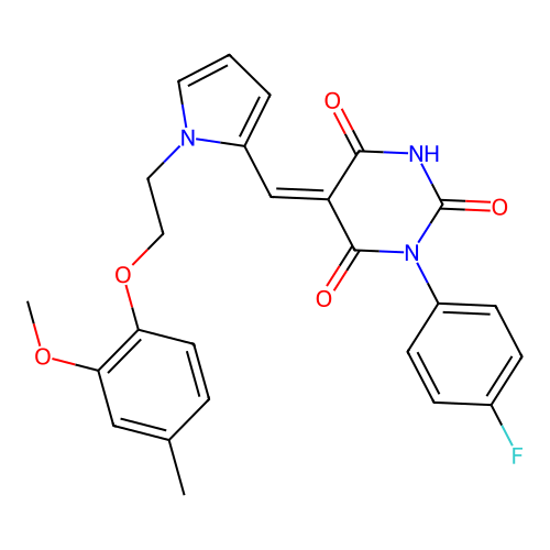 (5E)-1-(4-fluorophenyl)-5-({1-[2-(2-methoxy-4-methylphenoxy)ethyl]-1H-pyrrol-2-yl}methylidene)pyrimidine-2,4,6(1H,3H,5H)-trione structure