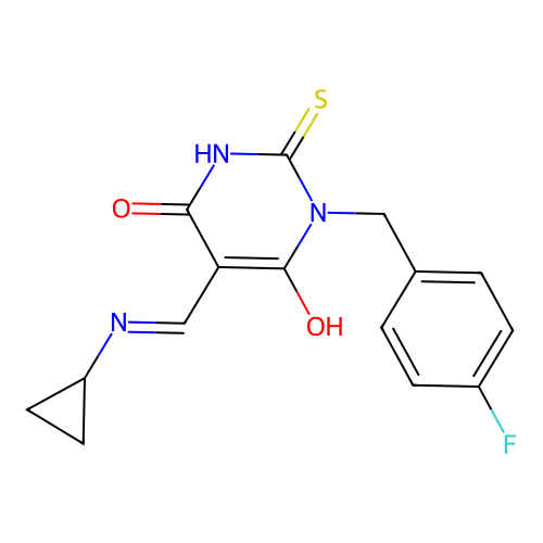 (5E)-5-[(cyclopropylamino)methylidene]-1-(4-fluorobenzyl)-2-sulfanylpyrimidine-4,6(1H,5H)-dione structure