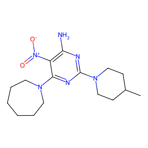 6-(Azepan-1-yl)-2-(4-methylpiperidin-1-yl)-5-nitropyrimidin-4-amine structure