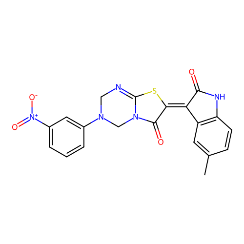 (7Z)-7-(5-methyl-2-oxo-1,2-dihydro-3H-indol-3-ylidene)-3-(3-nitrophenyl)-3,4-dihydro-2H-[1,3]thiazolo[3,2-a][1,3,5]triazin-6(7H)-one structure