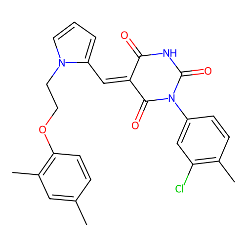 (E)-1-(3-chloro-4-methylphenyl)-5-((1-(2-(2,4-dimethylphenoxy)ethyl)-1H-pyrrol-2-yl)methylene)pyrimidine-2,4,6(1H,3H,5H)-trione structure