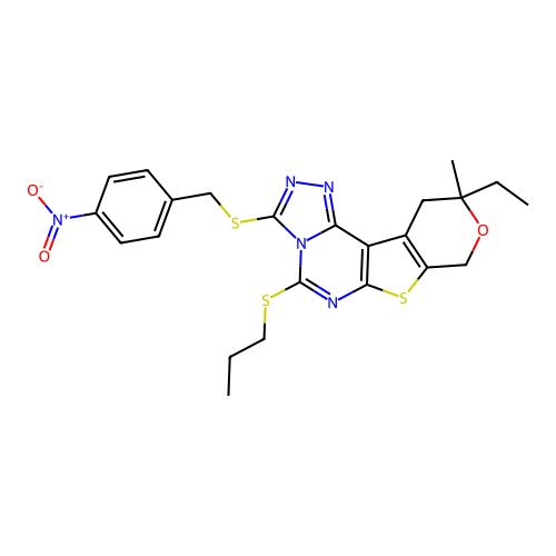 10-ethyl-10-methyl-3-((4-nitrobenzyl)thio)-5-(propylthio)-10,11-dihydro-8H-pyrano[4',3':4,5]thieno[3,2-e][1,2,4]triazolo[4,3-c]pyrimidine structure