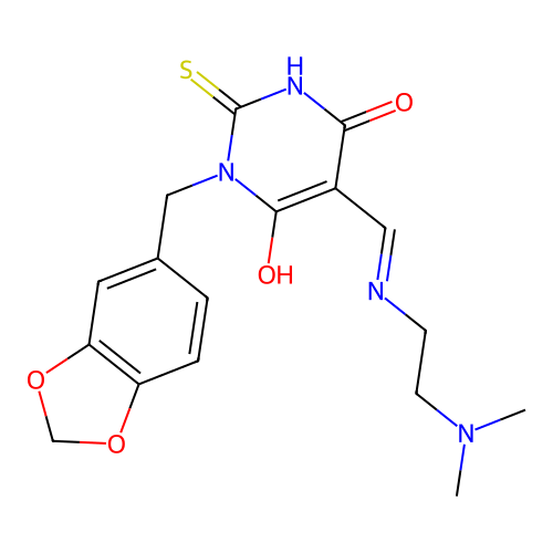 (E)-1-(benzo[d][1,3]dioxol-5-ylmethyl)-5-(((2-(dimethylamino)ethyl)amino)methylene)-2-thioxodihydropyrimidine-4,6(1H,5H)-dione structure