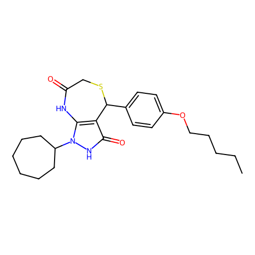 1-cycloheptyl-3-hydroxy-4-(4-(pentyloxy)phenyl)-6,8-dihydro-1H-pyrazolo[3,4-e][1,4]thiazepin-7(4H)-one structure
