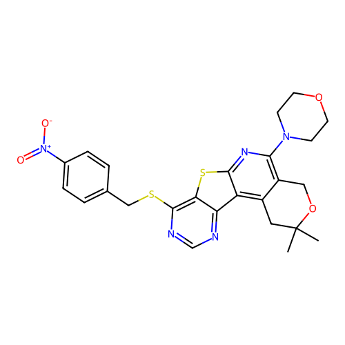 2,2-dimethyl-5-(morpholin-4-yl)-8-[(4-nitrobenzyl)sulfanyl]-1,4-dihydro-2H-pyrano[4'',3'':4',5']pyrido[3',2':4,5]thieno[3,2-d]pyrimidine structure