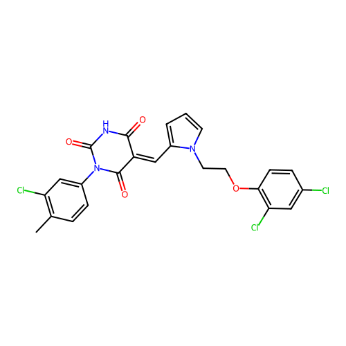 (5E)-1-(3-chloro-4-methylphenyl)-5-[[1-[2-(2,4-dichlorophenoxy)ethyl]pyrrol-2-yl]methylidene]-1,3-diazinane-2,4,6-trione structure