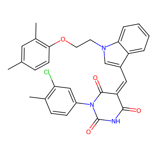 (5Z)-1-(3-chloro-4-methylphenyl)-5-[[1-[2-(2,4-dimethylphenoxy)ethyl]indol-3-yl]methylidene]-1,3-diazinane-2,4,6-trione structure