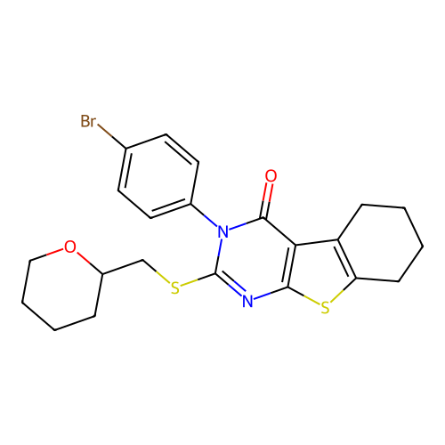3-(4-bromophenyl)-2-(((tetrahydro-2H-pyran-2-yl)methyl)thio)-5,6,7,8-tetrahydrobenzo[4,5]thieno[2,3-d]pyrimidin-4(3H)-one structure