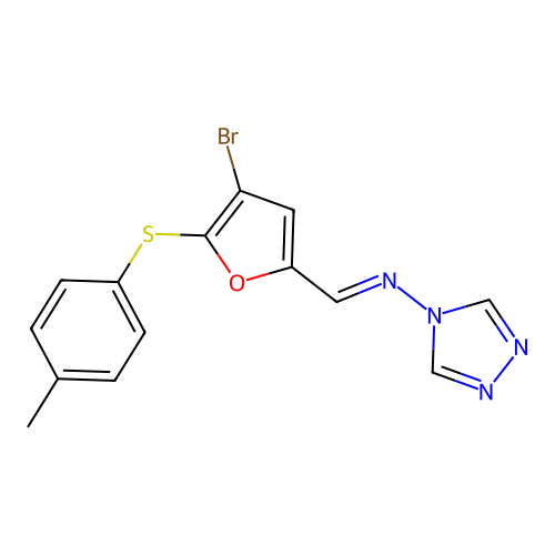 (E)-1-[4-bromo-5-(4-methylphenyl)sulfanylfuran-2-yl]-N-(1,2,4-triazol-4-yl)methanimine structure