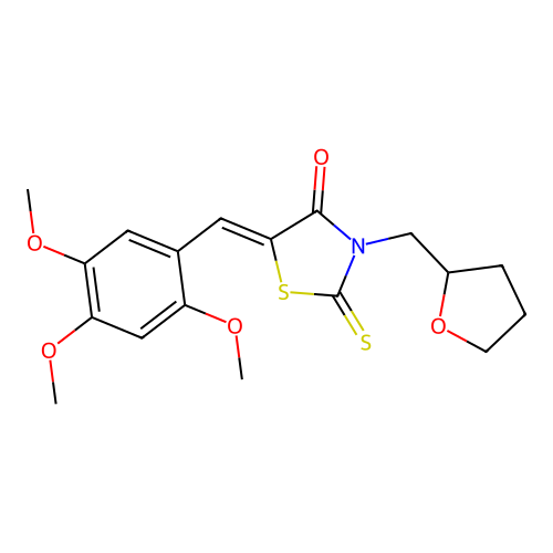 (5Z)-3-(tetrahydrofuran-2-ylmethyl)-2-thioxo-5-(2,4,5-trimethoxybenzylidene)-1,3-thiazolidin-4-one structure