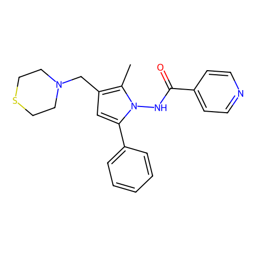 N-[2-methyl-5-phenyl-3-(thiomorpholinomethyl)pyrrol-1-yl]pyridine-4-carboxamide structure