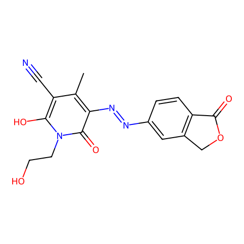 (5Z)-1-(2-hydroxyethyl)-4-methyl-2,6-dioxo-5-[2-(1-oxo-1,3-dihydro-2-benzofuran-5-yl)hydrazinylidene]-1,2,5,6-tetrahydropyridine-3-carbonitrile structure