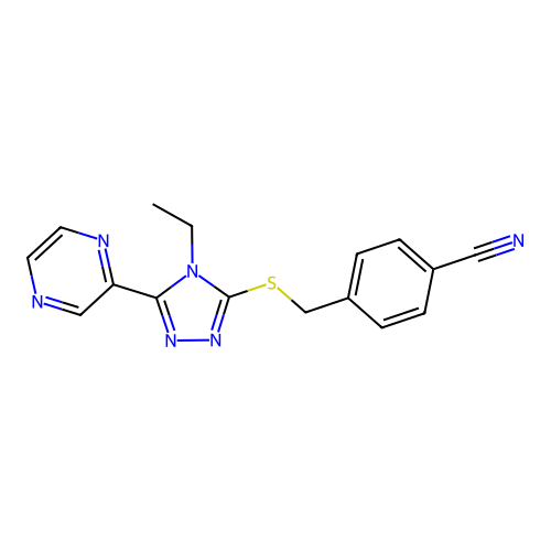 4-({[4-ethyl-5-(pyrazin-2-yl)-4H-1,2,4-triazol-3-yl]sulfanyl}methyl)benzonitrile structure