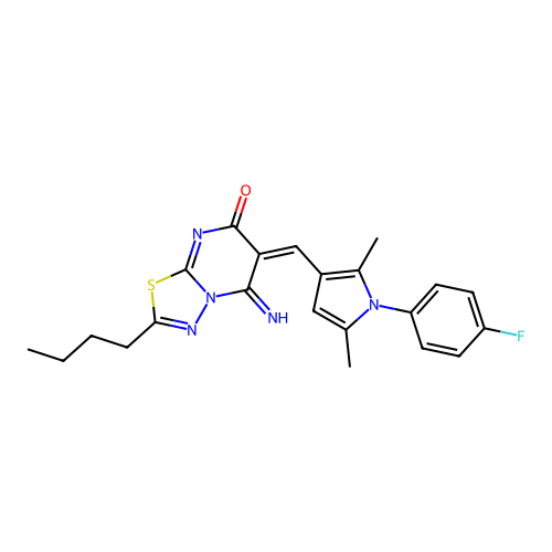 (6E)-2-butyl-6-[[1-(4-fluorophenyl)-2,5-dimethylpyrrol-3-yl]methylidene]-5-imino-[1,3,4]thiadiazolo[3,2-a]pyrimidin-7-one structure