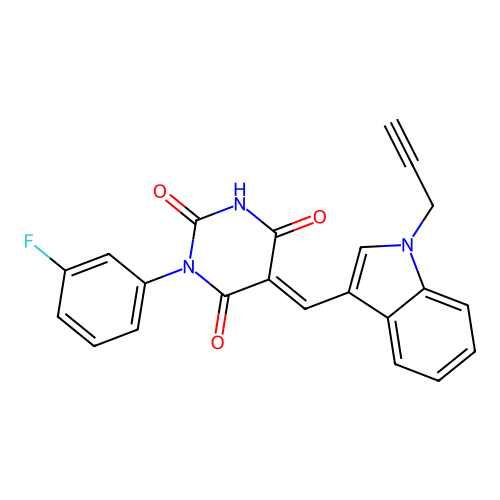 (5E)-1-(3-fluorophenyl)-5-{[1-(prop-2-yn-1-yl)-1H-indol-3-yl]methylidene}pyrimidine-2,4,6(1H,3H,5H)-trione structure