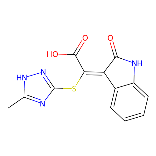 (2E)-2-[(5-methyl-1H-1,2,4-triazol-3-yl)sulfanyl]-2-(2-oxo-1H-indol-3-ylidene)acetic acid structure