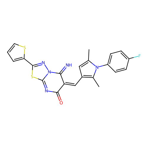 (E)-6-((1-(4-fluorophenyl)-2,5-dimethyl-1H-pyrrol-3-yl)methylene)-5-imino-2-(thiophen-2-yl)-5H-[1,3,4]thiadiazolo[3,2-a]pyrimidin-7(6H)-one structure