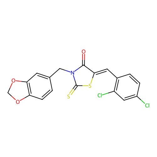 (Z)-3-(benzo[d][1,3]dioxol-5-ylmethyl)-5-(2,4-dichlorobenzylidene)-2-thioxothiazolidin-4-one structure