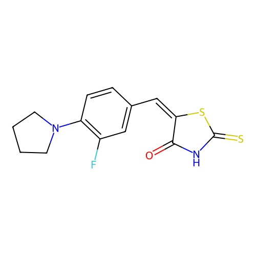 (5E)-5-[3-fluoro-4-(pyrrolidin-1-yl)benzylidene]-2-thioxo-1,3-thiazolidin-4-one structure