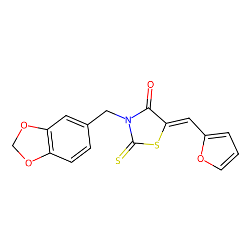 (Z)-3-(benzo[d][1,3]dioxol-5-ylmethyl)-5-(furan-2-ylmethylene)-2-thioxothiazolidin-4-one structure