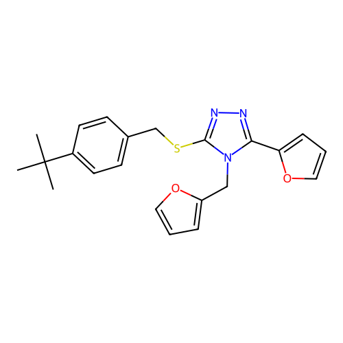 3-((4-(tert-butyl)benzyl)thio)-5-(furan-2-yl)-4-(furan-2-ylmethyl)-4H-1,2,4-triazole structure