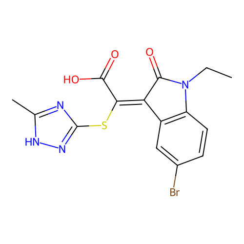 (E)-2-(5-bromo-1-ethyl-2-oxoindolin-3-ylidene)-2-((5-methyl-4H-1,2,4-triazol-3-yl)thio)acetic acid structure
