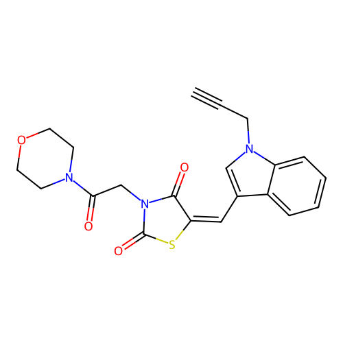 (5E)-3-[2-(morpholin-4-yl)-2-oxoethyl]-5-{[1-(prop-2-yn-1-yl)-1H-indol-3-yl]methylidene}-1,3-thiazolidine-2,4-dione structure