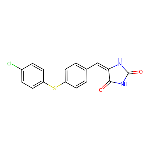 (5E)-5-{4-[(4-chlorophenyl)sulfanyl]benzylidene}imidazolidine-2,4-dione structure