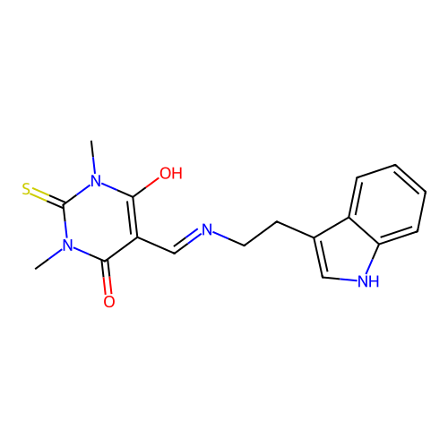 5-({[2-(1H-indol-3-yl)ethyl]amino}methylidene)-1,3-dimethyl-2-thioxodihydropyrimidine-4,6(1H,5H)-dione structure