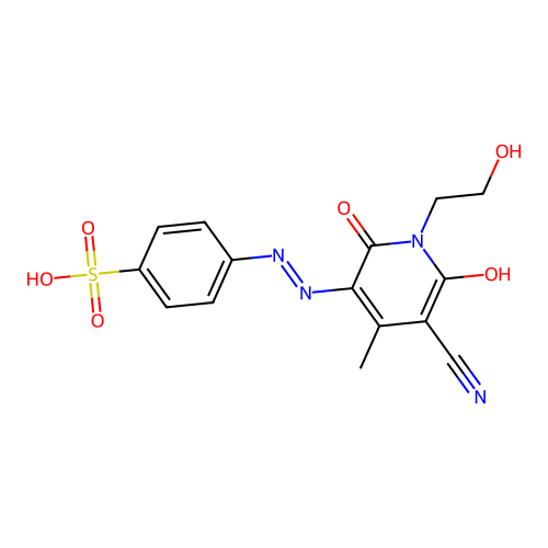 4-{(2Z)-2-[5-cyano-1-(2-hydroxyethyl)-4-methyl-2,6-dioxo-1,6-dihydropyridin-3(2H)-ylidene]hydrazinyl}benzenesulfonic acid structure
