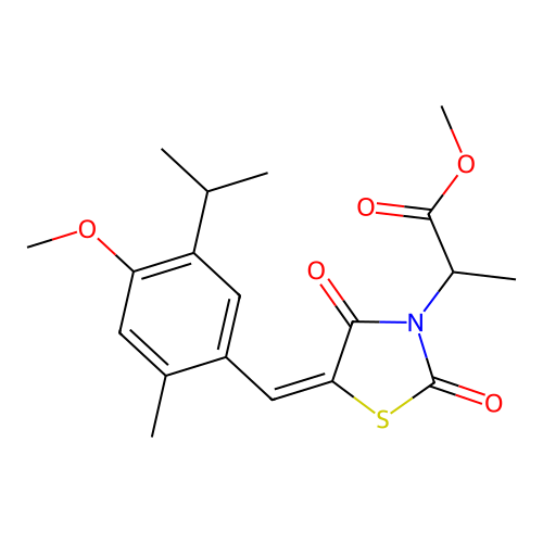 methyl 2-{(5E)-5-[4-methoxy-2-methyl-5-(propan-2-yl)benzylidene]-2,4-dioxo-1,3-thiazolidin-3-yl}propanoate structure