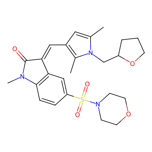 (3E)-3-[[2,5-dimethyl-1-(oxolan-2-ylmethyl)pyrrol-3-yl]methylidene]-1-methyl-5-morpholin-4-ylsulfonylindol-2-one structure
