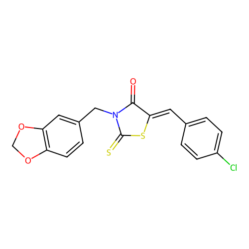 (Z)-3-(benzo[d][1,3]dioxol-5-ylmethyl)-5-(4-chlorobenzylidene)-2-thioxothiazolidin-4-one structure